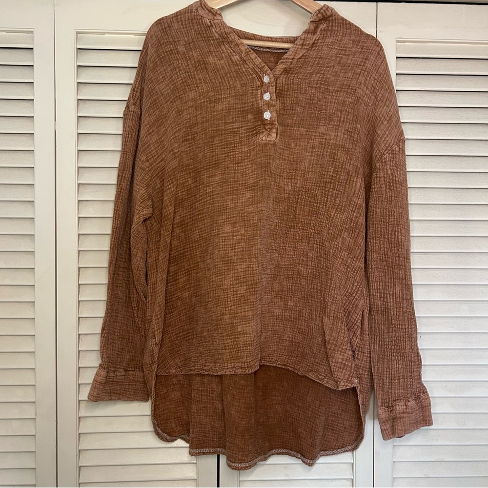 Women's Washed Brown Button Henley Sweater